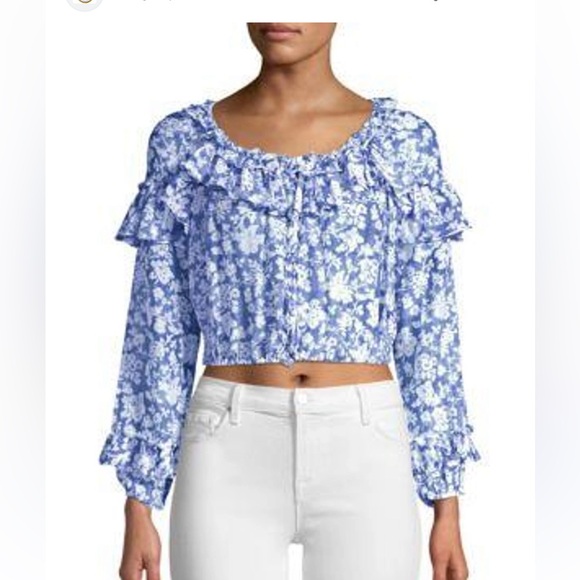 LoveShackFancy Tops - LoveShackFancy Floral Blue Popover Cropped Top‎ Size Large